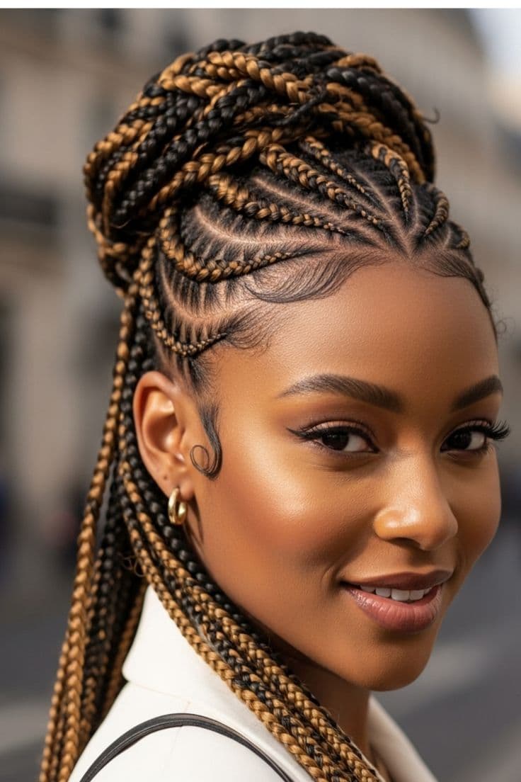Black & Honey Cornrow Bun — Cornrows & feed-in braids at Qasr Alshar Salon, Dubai — crisp, precise lines near Union Metro, Deira.