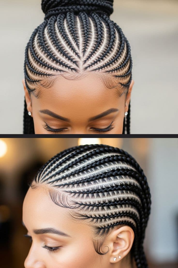 Two-Style Collage — Cornrows & feed-in braids at Qasr Alshar Salon, Dubai — crisp, precise lines near Union Metro, Deira.
