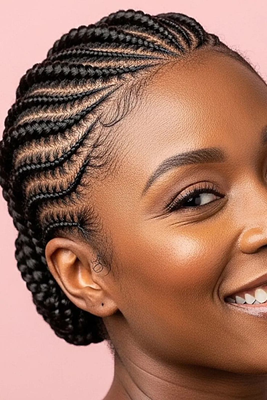 Cornrow Updo Close-Up — Cornrows & feed-in braids at Qasr Alshar Salon, Dubai — crisp, precise lines near Union Metro, Deira.