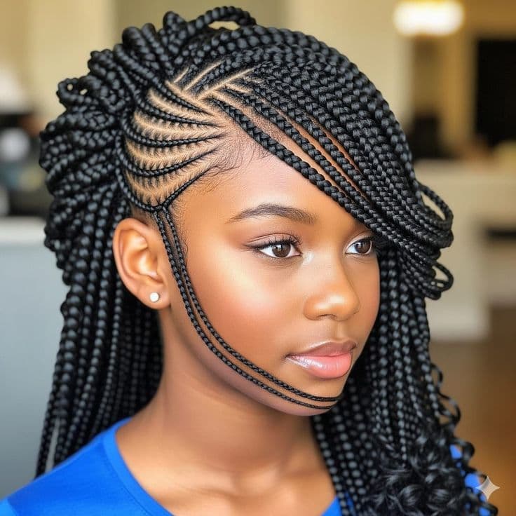 Knotless Box Long Curly — Knotless & box braids by Qasr Alshar Salon, Dubai — gentle, protective styling for Afro-textured hair near Union Metro, Deira.