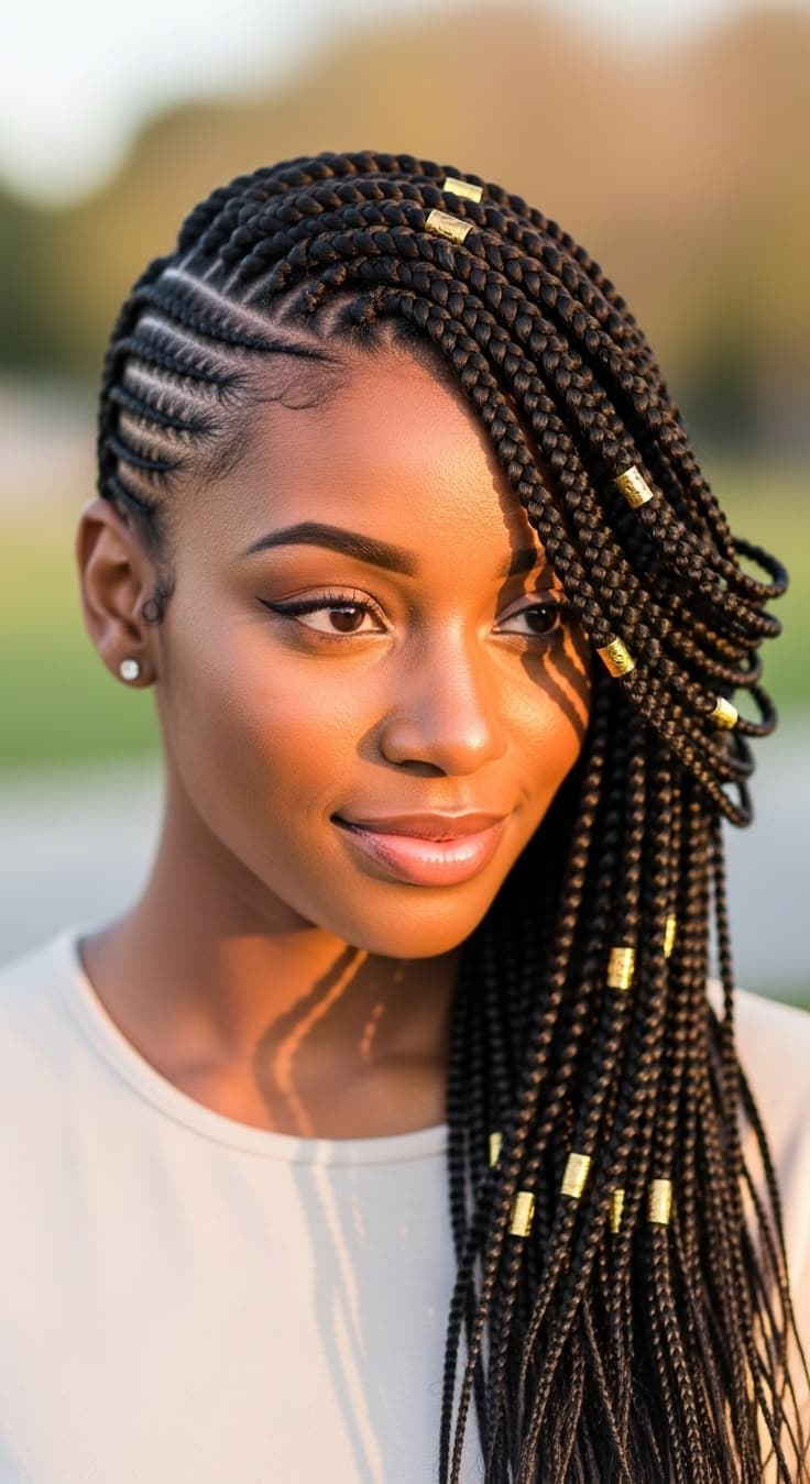 Knotless Feed-In Gold Cuffs — Cornrows & feed-in braids at Qasr Alshar Salon, Dubai — crisp, precise lines near Union Metro, Deira.