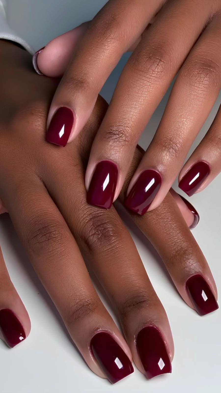 Deep Red Square Gel — Gel manicures, pedicures, nail art & extensions at Qasr Alshar Salon, Dubai — near Union Metro, Deira.